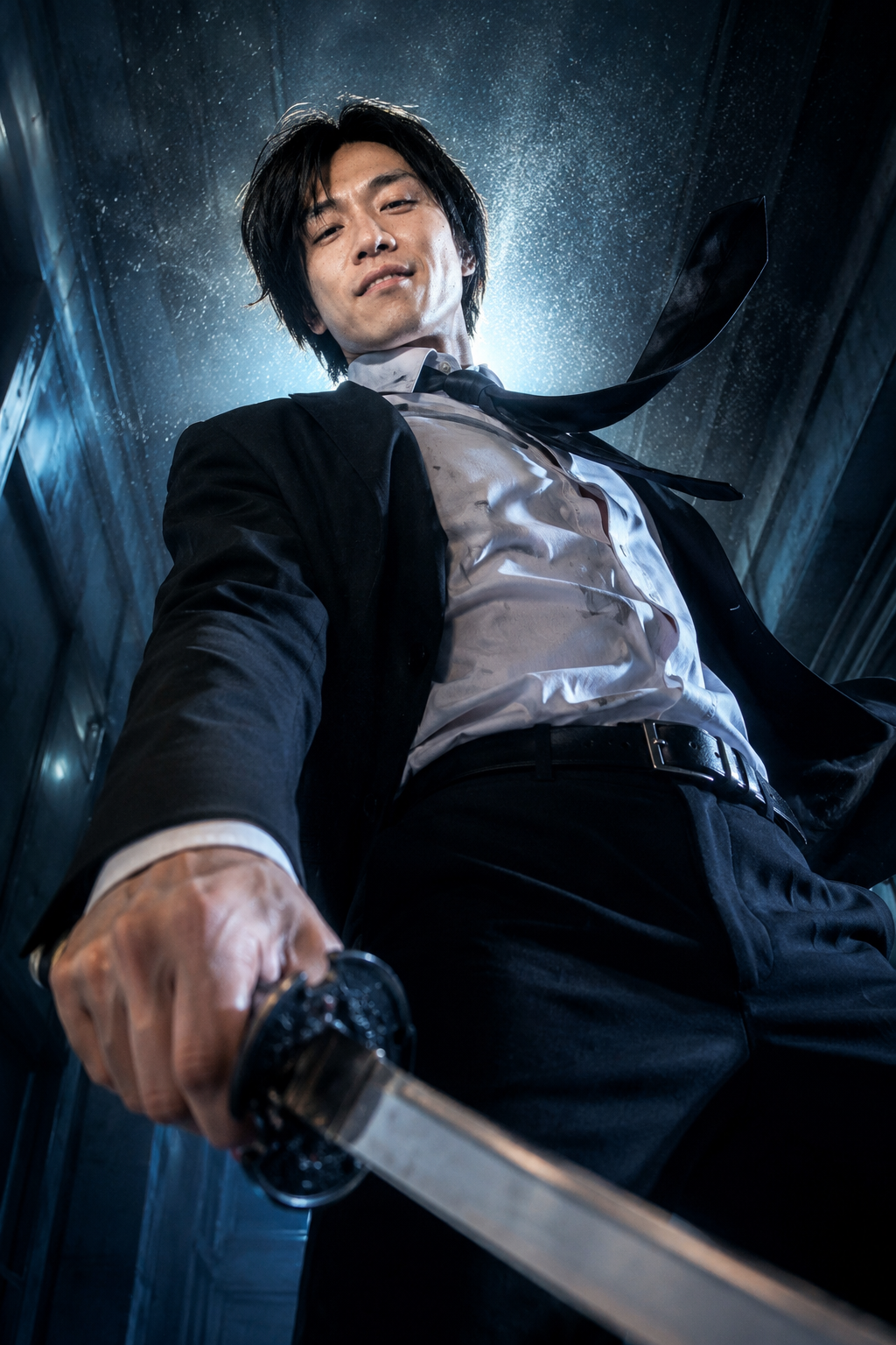 Low-Angle Cinematic Sword Action AI Image Prompt AI image prompt preview generated with Synterial
